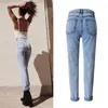 Fashion-High Quality Women Long Jeans Hög midja 100% Bomull Snö Tvätt Typ Denim Jeans Vintage Lossa Straight Denim Jeans Byxor