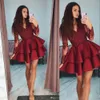 Sexy Dark Red Cocktail Club Dresses Lace Appliques Beaded Long Sleeve V Neck Tiered Plus Size Short Party Prom Dresses Homecoming Dress