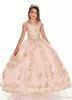 2020 robe de bal filles Pageant robes col en V Blush rose or dentelle appliques perles de cristal enfants fête d'anniversaire robes fleur Girl2618