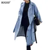 Rugod Vår Höst Kvinnor Casual Loose X-Long Denim Trench Coat Kvinna Denim Overaller Plus Size Justerbar Midja Coat