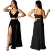 Elegant Women Two Piece Dress Summer Split Long Maxi Dresses Two Piece Set Sexy Hollow Out Crop Top Skirts 2 Piece Suits