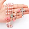 Pink Rose Rosary Jesus Cross Pendant Necklaces 6mm Beads Imitation Pearl Chain Statement Necklace Vintage Jewelry Christmas Gift for Women