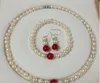 7-8MM white Akoya cultured pearls / red Jade bracelets 8''necklace18'' earrings set A026