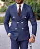 Mode Blue Stripe Mens Bröllop Tuxedos Dubbelbröst Groomsmen Tuxedos Populära Man Blazers Jacka Utmärkt kostym (Jacka + Byxor + Tie) 1585