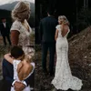 Vit Lace Garden Boho Bröllopsklänningar 2019 Vintage V Neck Land Beach Bröllopklänningar Vestidos de Novia Lågback En Linje Bröllopsklänning