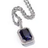 Mens Bling Big Square Faux Lab Ruby Pendant Necklace 24 Rope Chain Gold Plated Iced Out Sapphire Rock Rap Singer Hip Hop Jew334p