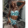 ハイウエスト水着2019 New Leaf Print Bikinis Women Swimsuit Vintage Retro Bathing Suit Halter Biquini Maillot de Bain Femme4582211