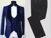 Populära marinblå Jacquard Men Wedding Tuxedos sjal Lapel Groom Tuxedos Men Dinner Darty Dress 3 Piece Surejacket Pants Vest290C