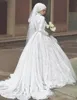 Muslim Dresses Long Sleeves Covered Buttons Lace Applique Tiered Skirt Sweep Train High Neck Arabic Wedding Gown Custom Made