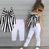 Designer kids clothes Summer Baby Girls Outfits Girls Sets Plaid Clothing Shoulder-straps Bow Stripe Top Long Pants Child Outfits