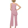 3 Pcs Mother of The Bride Pant Suits Outfits Formal Womens Evening Long Sleeve Chiffon Dressy Pantsuits for Weddings197p