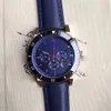 Neue Desigh 42MM Britischer Stil Kleid Herrenuhren Quarzbatterie Chrono Herrenuhr Goldgehäuse Blaues Lederarmband Wriswatches340O