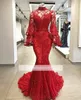 Red Lace Mermaid Evening Dresses Sexy Illusion Poet Long Sleeves High Neck Appliqued Beaded Long Party Pageant Gowns Prom Dress221S