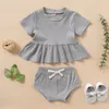 Baby Girls Solid Clothing Sets Summer Infants Short Sleeve Dress Top + PP Pants 2pcs/set Boutique Children Causal Outfits M1957