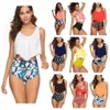 2019 Mulheres Sexy de duas peças de banho cintura alta Plus Size Swimwear Bikini Imprimir biquini floral do verão Beachwear Lotus Folha Set Bra Swimsuit
