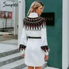 Geometric print knitted dress women Casual turtle neck pullover sweater dress female Autumn winter retro white vestidos