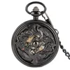 Antigo clássico preto oco guindastes relógios corda manual relógio de bolso mecânico esqueleto dourado mostrador número romano relógio pingente corrente g