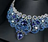 Royal Blue Wedding Jewelry Water Drop Crystal Collarbone Chain Necklace Set Bridal Jewelry Pearls Luxury Bracelets Necklace & Earings LP952