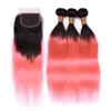 # 1B / roze Ombre Braziliaanse menselijke haarbundels met sluiting rechte ombre rose gouden weefsels 3bundles donkere wortels met 4x4 kanten sluiting