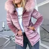 여성 면화 패딩 재킷 회색 핑크 후드 모피 칼라 두꺼운 패션 기본 스노우 겉옷 겨울 벨벳 자켓 코트 플러스 크기