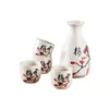 Japanese Sake Set Ceramic Drinkware with 1 Decanter 4 Cups Black Chinese Calligraphy and Red Plum Blossom Pattern Asian Wine Gifts
