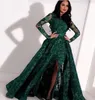 Hunter Green Mermaid Robes De Bal À Manches Longues Avec Overskirt 2020 Jewel Neck Split Sexy Sirène Full Lace Robe De Soirée Arabe