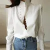 Office Lady Stand Neck Knappad Blusskjorta Kvinnor Skriv ut Puff Långärmad Blusar Elegant Casual Button Blusa Tops