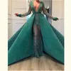 Dubai Arabic Overskirts Evening Dresses Deep V Neck Major Beading Illusion Full Sleeves Prom Dress Muslim See Through robe de soiree