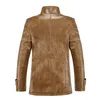 ヴィンテージPUレザージャケットメンズウィンターウォーム厚い厚さの毛皮の毛皮のフリースライナー男性のジャケット防風スタンドカラースリムフィットオスコート