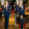 Navy Blue Evening Jumpsuit 2021 Sexig V-Neck Puffy Långärmad Luxury Lace Applique Red Carpet Celebrity Prom Dress Pant Suit