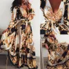 Kobiety Boho Wrap Summer Lond Sukienka Wakacje Maxi Loose Sundress Floral Print V-Neck Długi Rękaw Elegante Dresses Cocktail Party