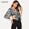 Colrovie Noeud Avant Imprimé Peau De Serpent Col En V Sexy Kimono Femmes Blouse Chemise Automne Demi Manches Vacances Blouse Et Tops Y19050501