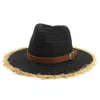 Cappello da Jazz in paglia di carta con tesa larga in pelliccia estiva Unisex da donna Cappello con visiera parasole per esterni Cappello con fibbia per cintura Decor Cappello da cowboy da spiaggia Panama