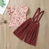 Vêtements pour bébés filles, hauts floraux, pantalons à bretelles, costumes d'été, ensembles de vêtements décontractés, gilet en coton, T-shirts, pantalons à jambes larges, tenue C6096