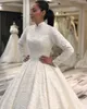 Dubai Árabe Muçulmano Alto Pescoço Vestido De Bola Vestidos de Noiva 2020 Manga Longa Beading Lace Bidal Vestidos Tribunal Trem Vestidos de Novia Al5084