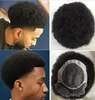 Homens Sistema de Cabelo Peruca Mens Hairpieces Afro Curl Front Lace com Mono Npu Toupee Jet Black American Virgem Virgem Substituição de cabelo humano para homens