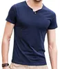 Solid Color Mens Summer Tops Tshirts Single Button Design Hommes Short Sleeve Soft Tees