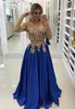 2019 Uzun Kollu Akşam Elbiseler Altın Aplikler Boncuklu Kraliyet Mavisi Uzun Akşam Balo Elbiseleri Resmi Gown206k