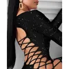 Casual Dresses Fashion Women Sexy Bling Bodycon Mini Dress Långärmad Glitter Bandage Hollow Out Lace Up Evening Party Club Ladies