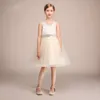 Champagne Flower Girl Dresses For Weddings Sheer Neck See Through Appliques Sash Short Girls Pageant Dress Child Birthday Prom Gowns