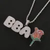 Ny stil anpassad brevnamn med rosa blomma hänge halsband med rep kedja charm män cz hip hop smycken med guld silver tennis kedja