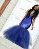 Sexy Black Girl Sekrety Suknie Navy Blue Głębokie Neck Suknie Wieczorowe Tulle Spódnica Vestidos De Fiesta African Mermaid Party Dress