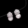 Piękny diamentowy cyrkon Camillia Flower Pearl Studs For Woman Girl