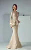 Şampanya Dantel Leke Peplum Giyim Gelinlik Modelleri 2019 Sheer Boyun Uzun Kollu Dubai Arapça Denizkızı Uzun Akşam Örgün Önlükler