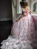 Bonito rosa flor menina vestidos com borboleta laço v de volta vestido de baile meninas pageant dress custom made pérolas crianças baratos vestido formal