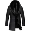 Chaqueta de cuero para hombre, nuevos abrigos de invierno de cuero genuino, chaquetas informales con cuello de piel para hombre, chaqueta de terciopelo para hombre, color negro