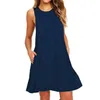 Sommar Casual Kvinnor Fickor BomullT-tröja Ärmlös Ny Lös Solid Tank Klänning O-Neck Plus Size Women Mini Dress Vestidos