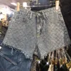 New fashion Women's high waist denim jeans rhinestone patchwork shinny bling shorts trousers plus size SMLXL249g