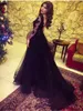 Sexy Black Chiffon Slits Prom Dress V neck With Illusion Long Sleeves Lace Applique Empire Waist Floor length Evening Formal Gowns