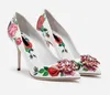 Frakt 2019 Pink Free Diamond Stiletto High Heels Pillage Pointed Toes Paisley Printed Rose Flowers Dress Shoes Party 5855